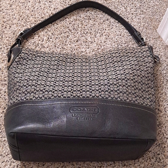 Coach Signature Canvas Leather Tote Shoulder Handbag Bag Grey/Black F11666 - Picture 2 of 10